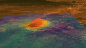 Idunn Mons mostrando la anomalía térmica. NASA/JPL-Caltech/ESA. Idunn Mons mostrando la anomalía térmica. NASA/JPL-Caltech/ESA.