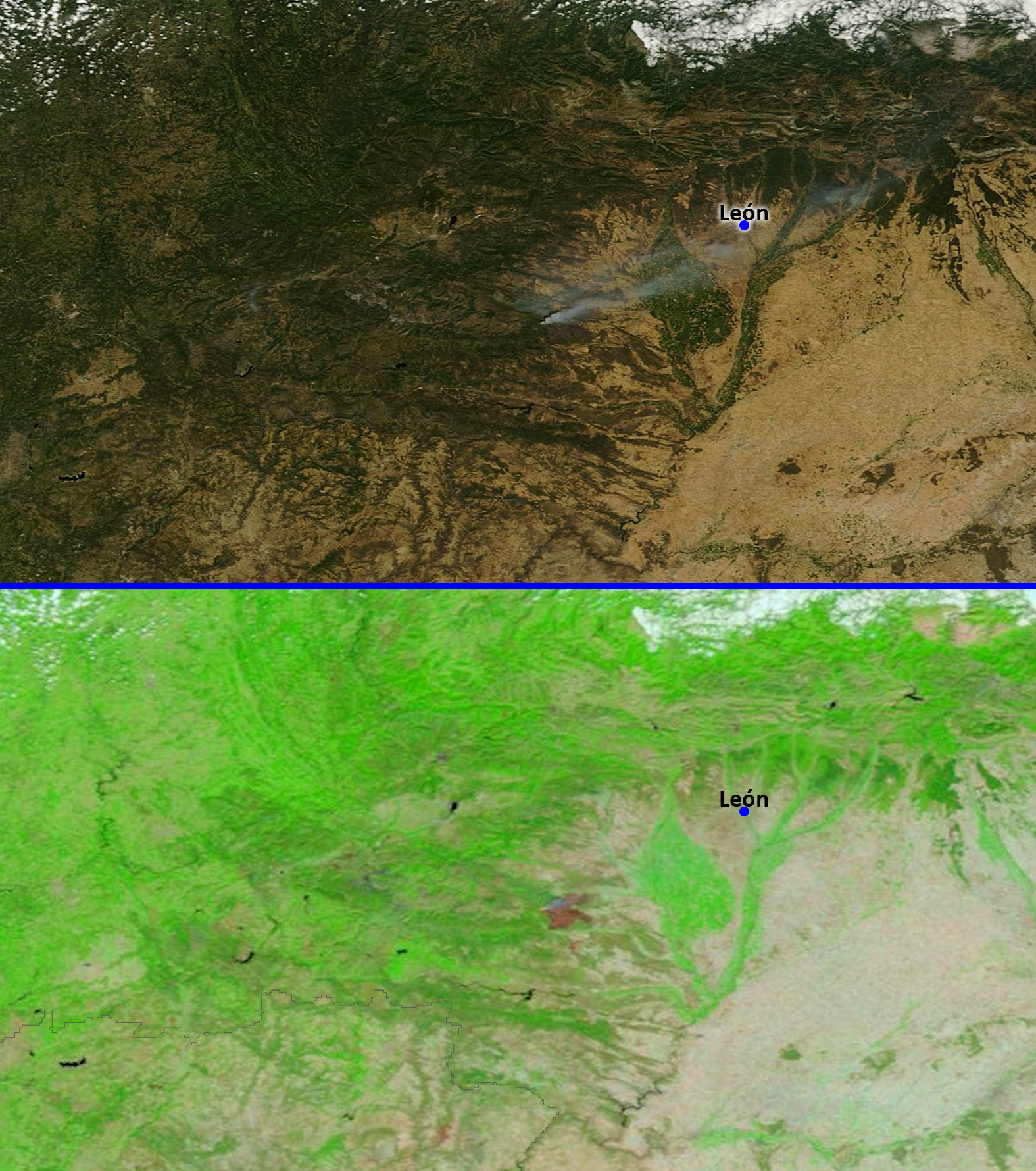 Imagen del incendio de León el día 21/08/2012 visto en luz visible (arriba) y en tres bandas (7-2-1) en las que se resalta la vegetación y otros aspectos (abajo). NASA/GSFC.
