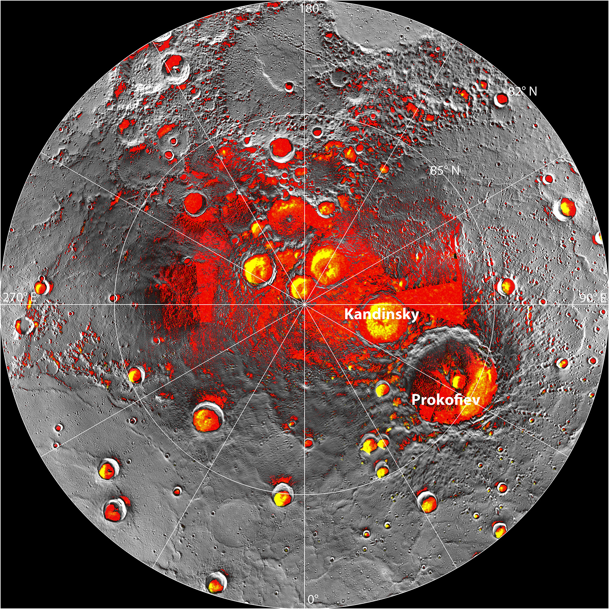 En rojo, las zonas que siempre han estado en sombra del polo Norte de Mercurio en todas las imágenes de la MESSENGER, mientras que en amarillo tenemos los depósitos de hielo según se ha observado desde la Tierra. Esto confirma que todos los depósitos de hielo en los polos están en zonas de sombra perpetua. NASA/Johns Hopkins University Applied Physics Laboratory/Carnegie Institution of Washington/National Astronomy and Ionosphere Center, Arecibo Observatory.