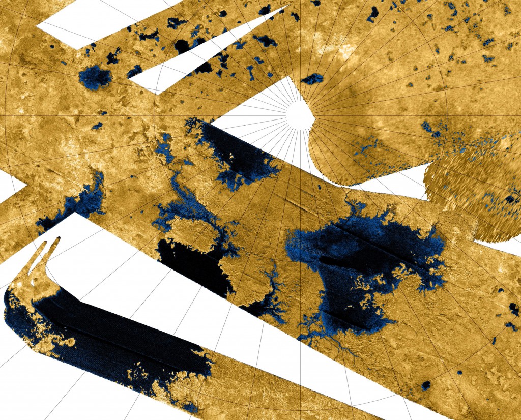 Ríos desembocando en distin2tos lagos y mares de Titán. NASA/JPL-Caltech/ASI.