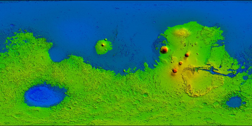 ¿Que cubriría el agua si la pusiésemos a cero metros?. En esta imagen se ve la superficie de Marte y que puntos quedarían por debajo de 0 metros si cubriésemos de agua su superficie.