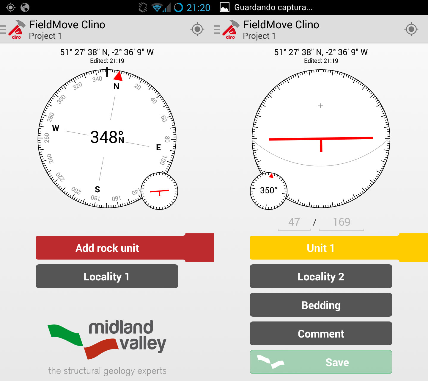 Dos de las pantallas principales del programa. Desde ambas se pude medir, para cambiar de una a la otra pulsando en el círculo pequeño.