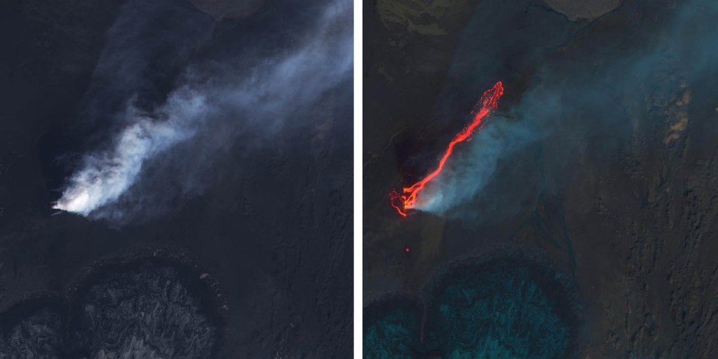 Ampliación de la zona de la fisura eruptiva y la colada de lava. NASA.