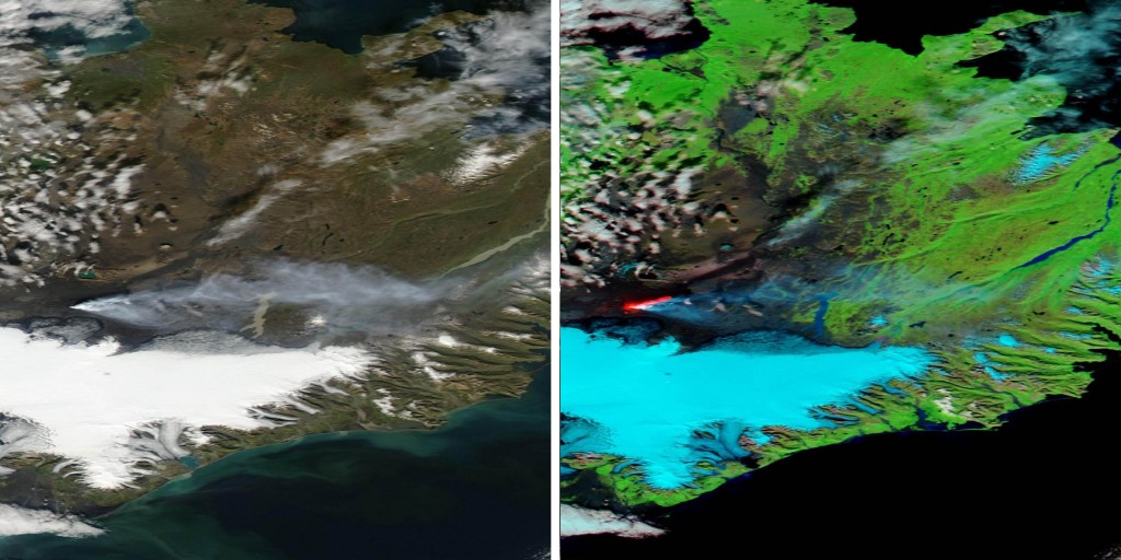 Imagen de Islandia en la que se aprecia la zona de la fisura eruptiva y la columna de gases y ceniza a la izquierda en color real y a la derecha en falso color tomada por el Aqua ayer día 6 de Septiembre. NASA.