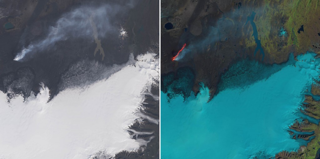 La erupción fisural de Holuhraun desde el Landsat 8 el pasado día 6 de Septiembre. NASA.