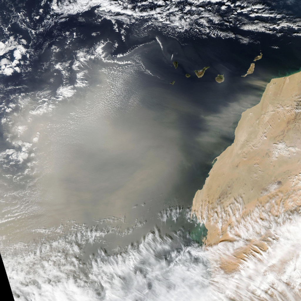 Advección de polvo frente a las costas Africanas vista hoy desde el satélite Aqua. NASA.