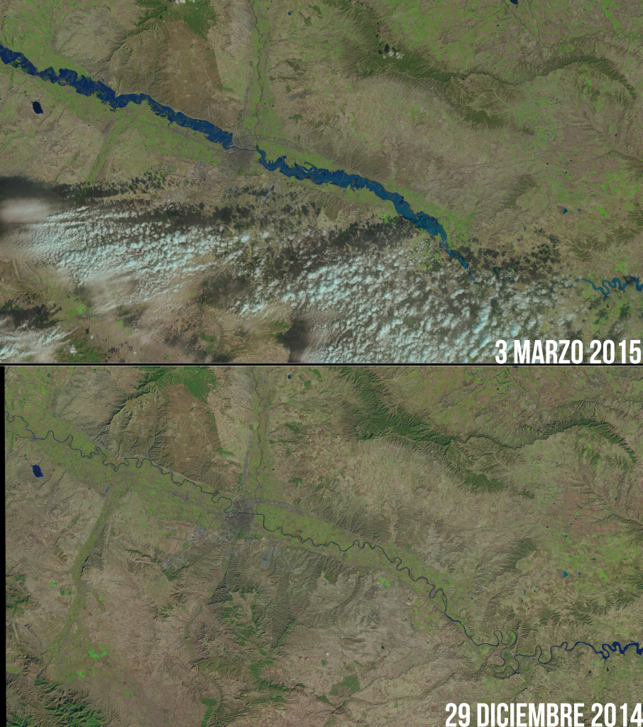 La zona inundada, a los ojos de Landsat 8, comparándo la imagen tomada el día 3 de Marzo y el 29 de Diciembre de 2014. NASA.