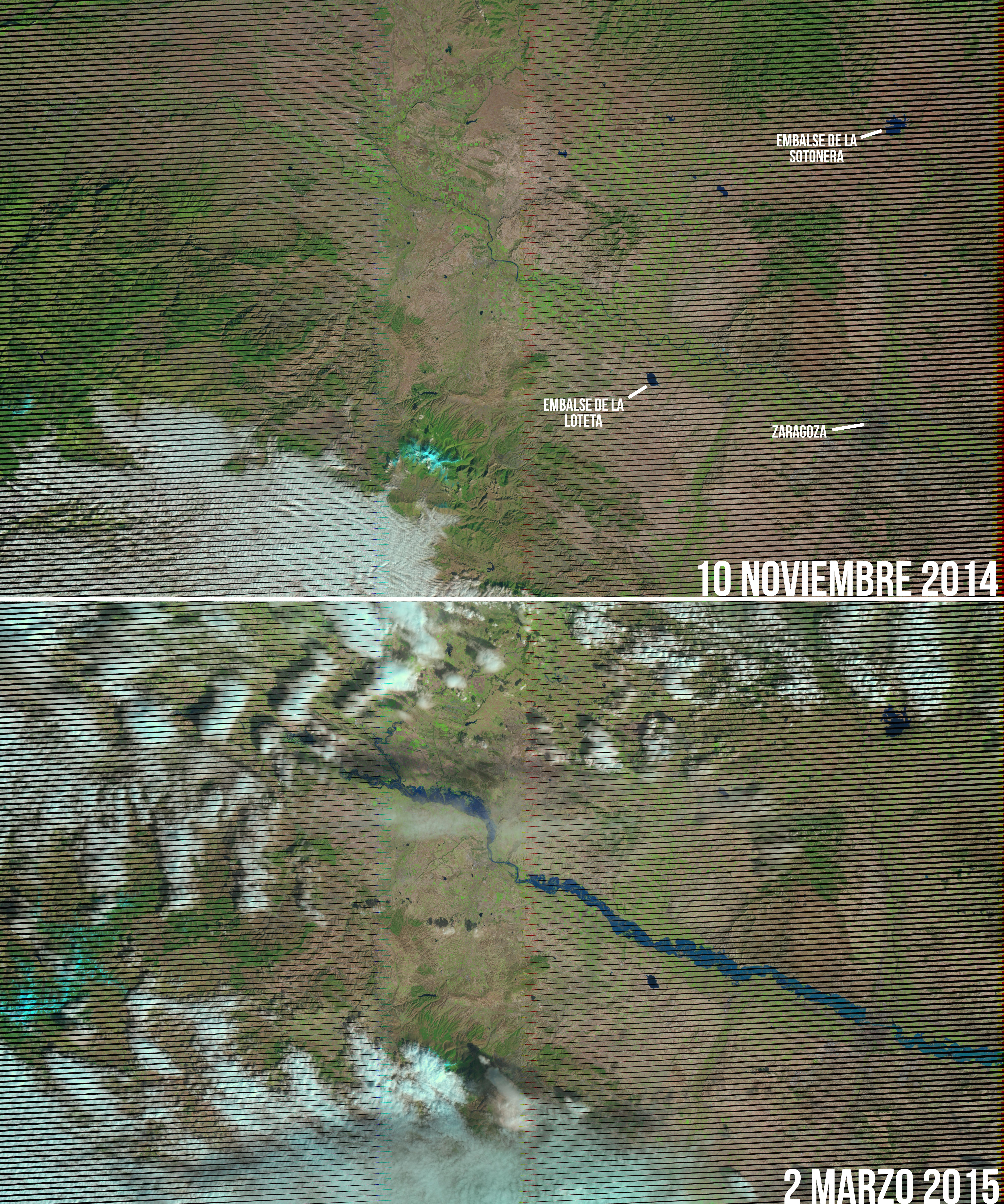Las inundaciones del Ebro, vistas por el Landsat 7. Las franjas negras se deben a una avería en su sistema de toma de imágenes. NASA.