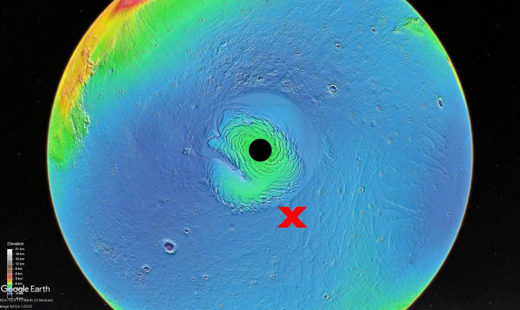 La "x" marca el lugar aproximado del que la HiRISE ha tomado la foto de la que hablamos hoy. NASA/USGS/Google.