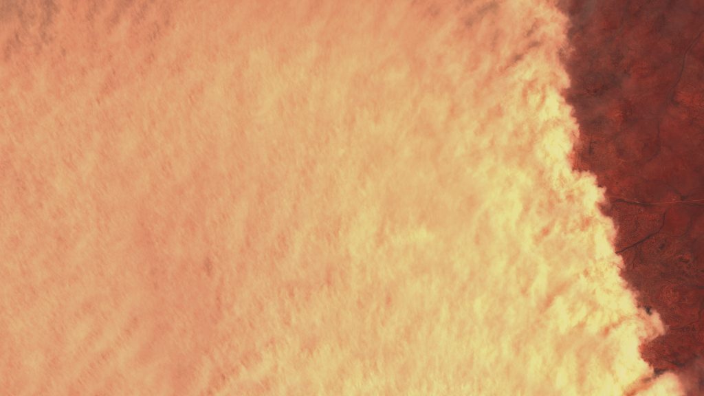  Otra vista de la tormenta de polvo, también tomada ayer día 11 de enero por el satélite Sentinel 2 del Programa Copernicus de la ESA y donde se puede apreciar la gran densidad de la tormenta de polvo, que la hace totalmente opaca y no nos deja ver la superficie que hay debajo. ESA. 