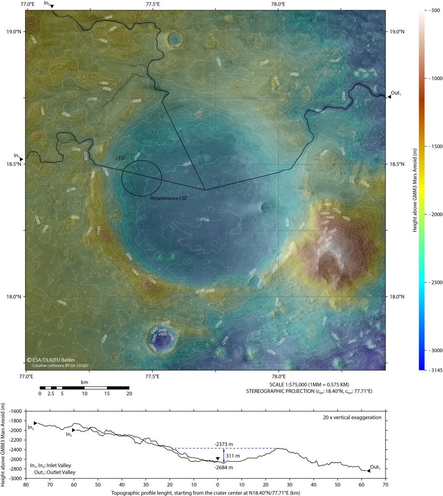 Un modelo digital del terreno del cráter Jezero. ESA/DLR/FU Berlin.