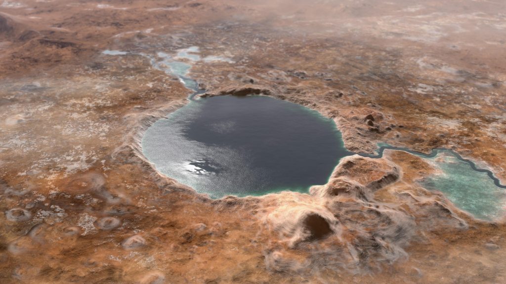Así podría haber sido el lago del interior del cráter Jezero. NASA/JPL-Caltech.